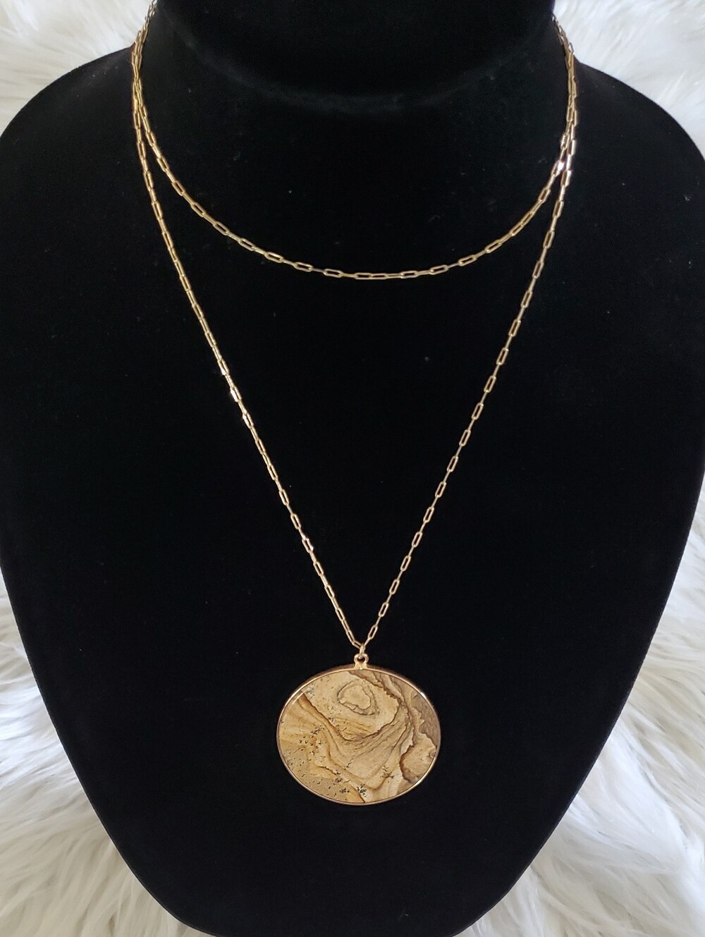 ​Boho Oversized Picture Jasper Round Disc Pendant Necklace Gold Tone Chain